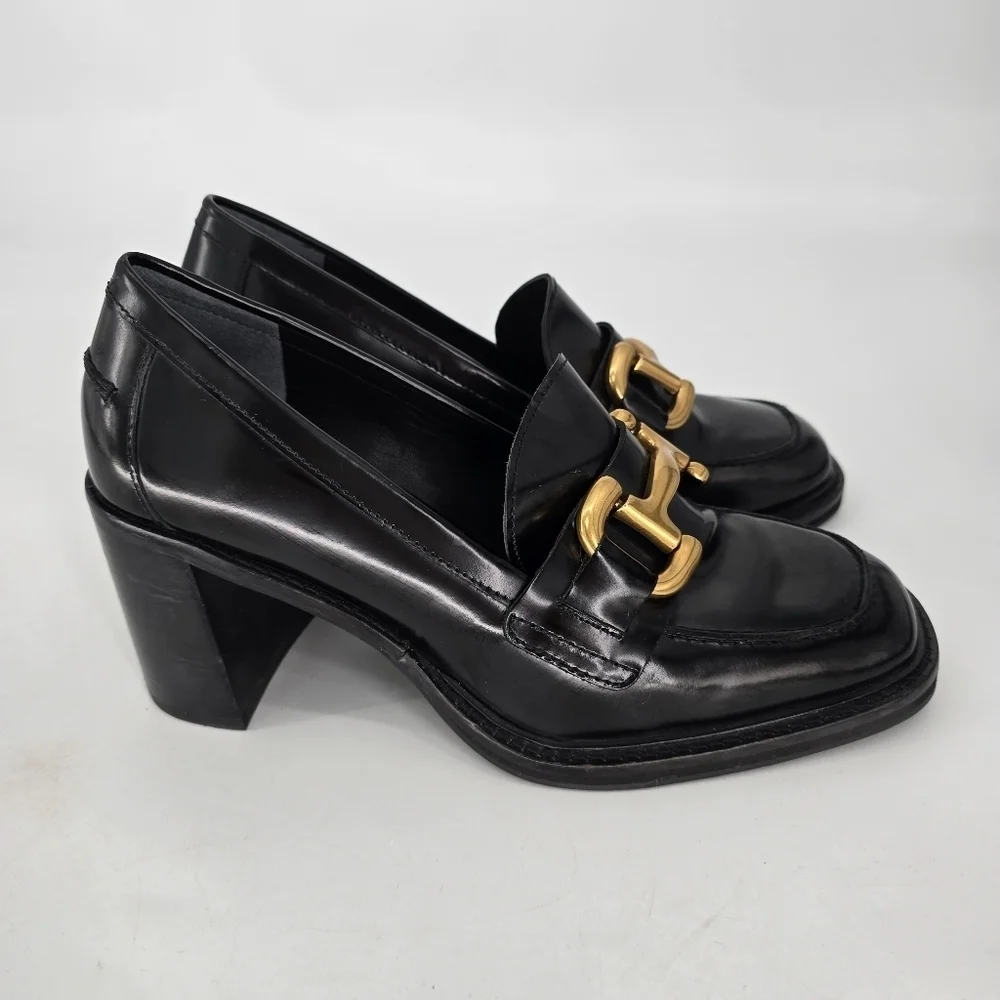 Boden iris snaffle heeled loafers black chunky with gold buckls front rounded 41